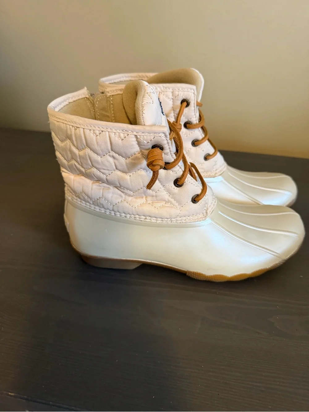 Sperry Cream Quilted Duck Boots with Tan Laces